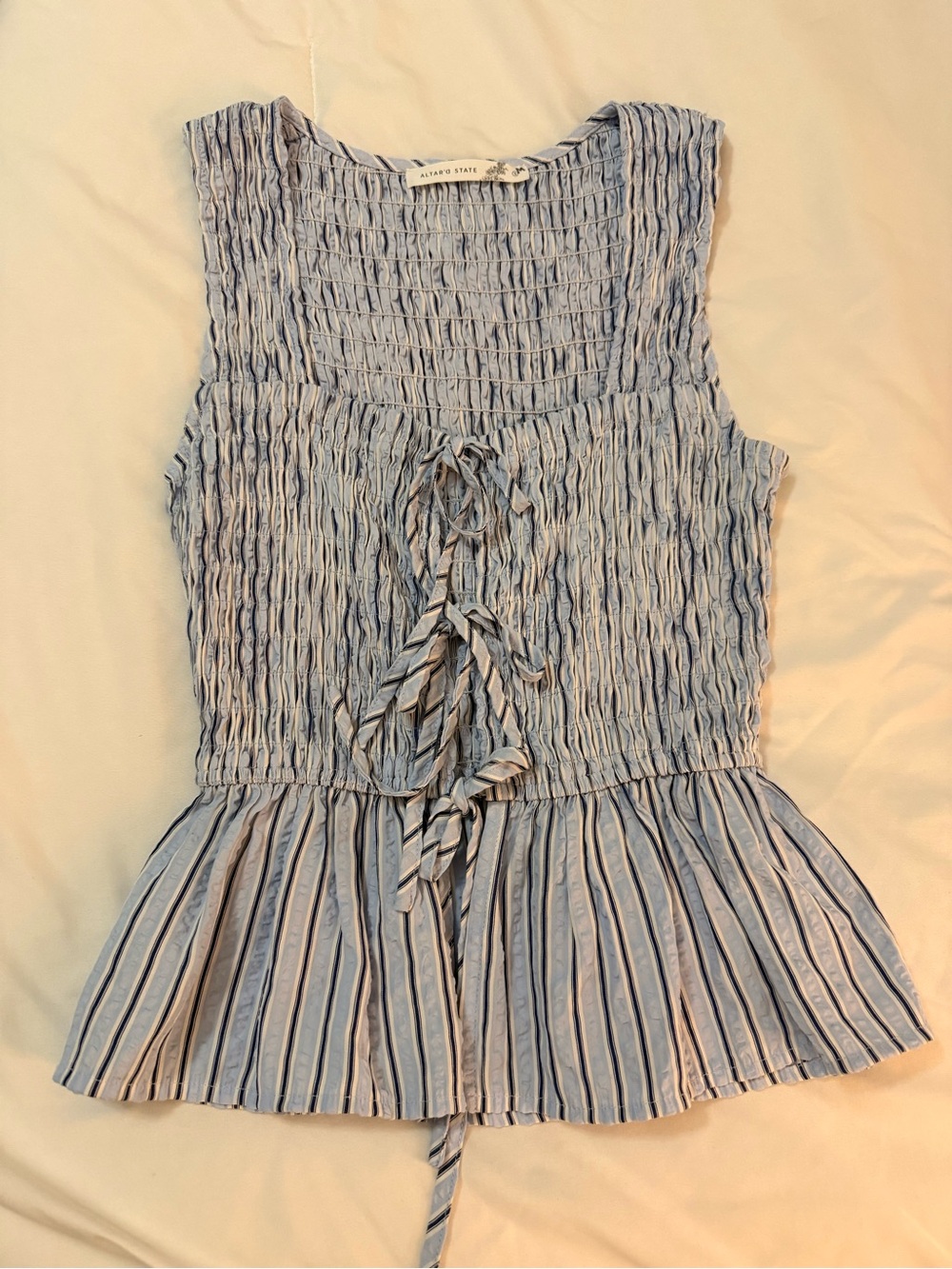 Altered State Blue Striped Smocked Tie-Front Peplum Tank